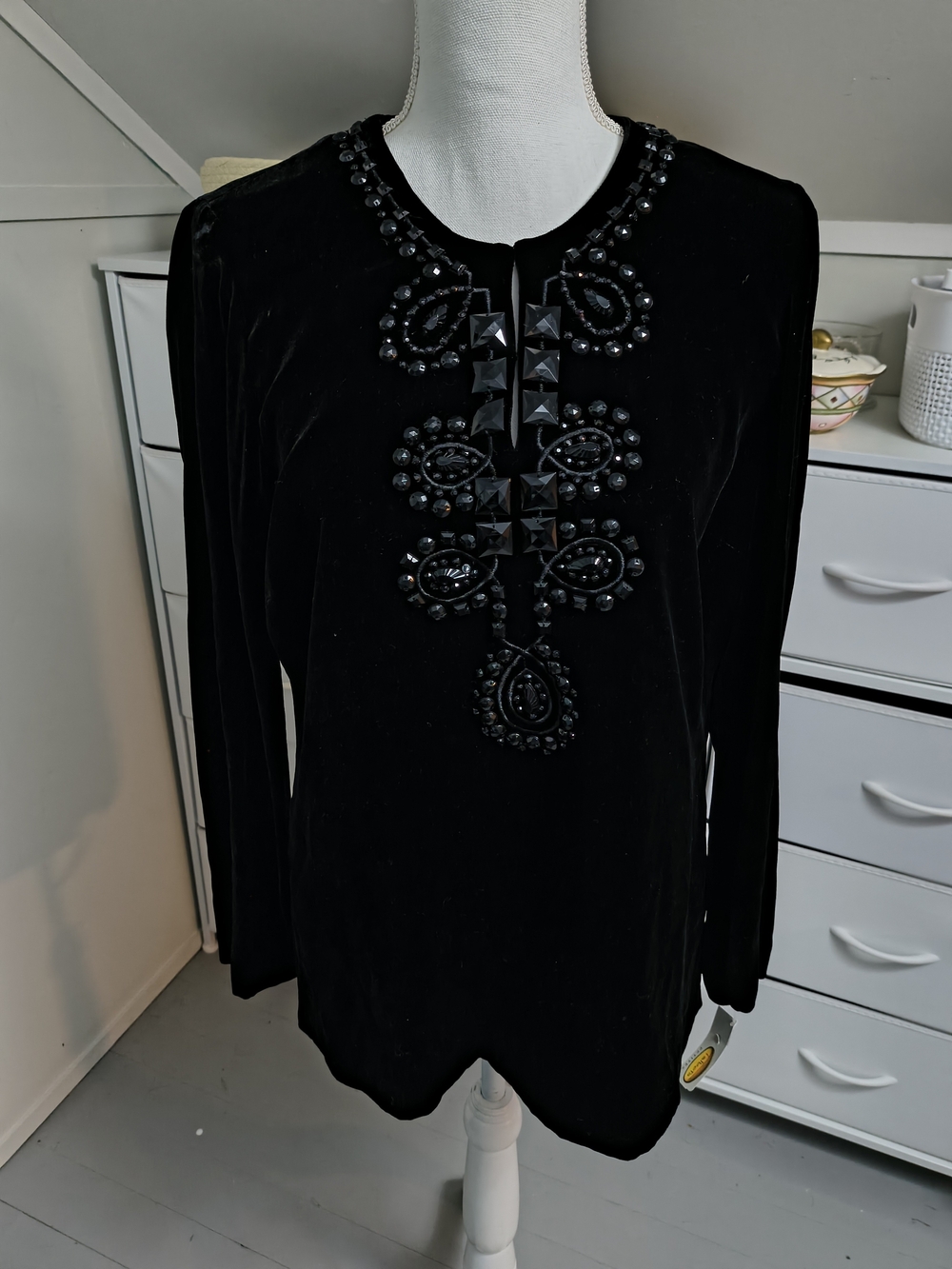 Vintage Talbots Black Beaded Velvet Long Sleeve Top